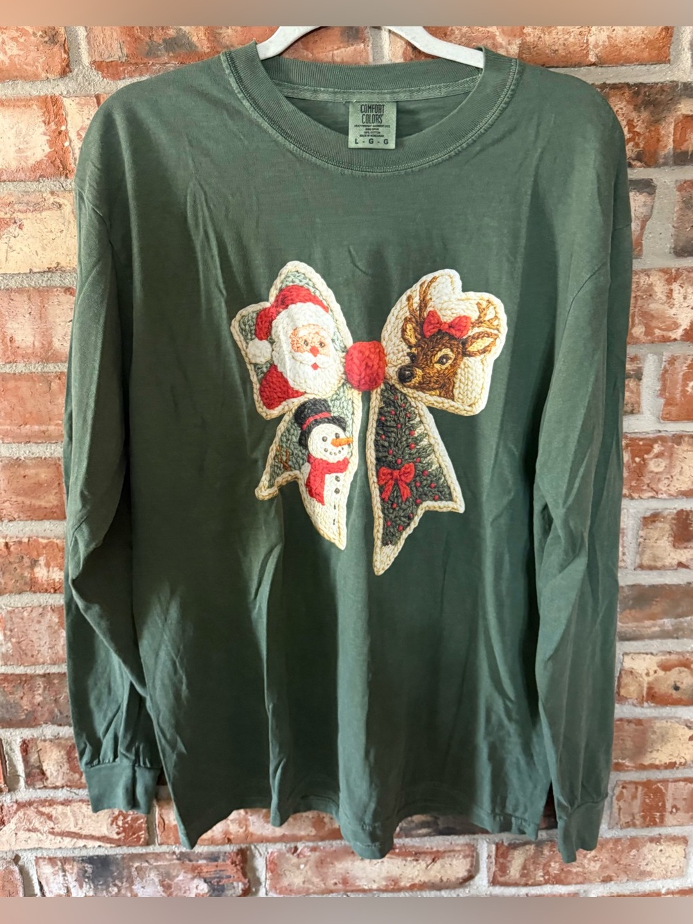 Comfort Colors Moss Green Long Sleeve Holiday Faux Yarn Bow Tee